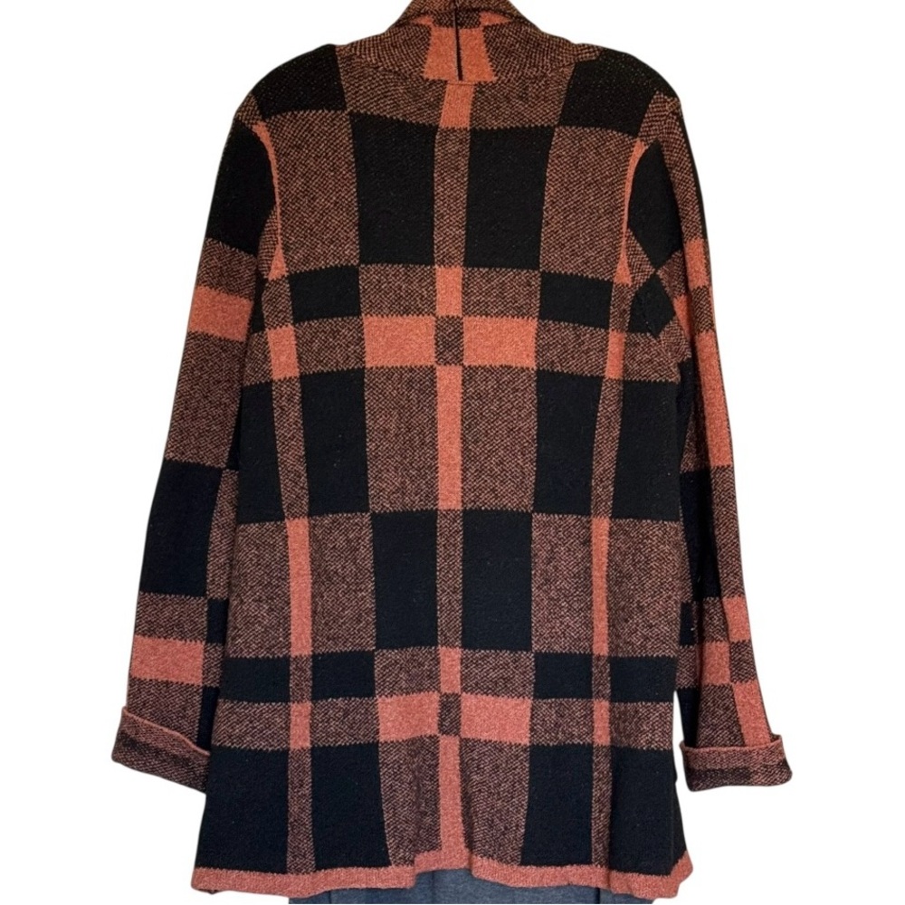 Preswick & Moore Plaid Open Front Cardigan Jacket Black Rust Check Knit Pockets - Picture 4 of 10